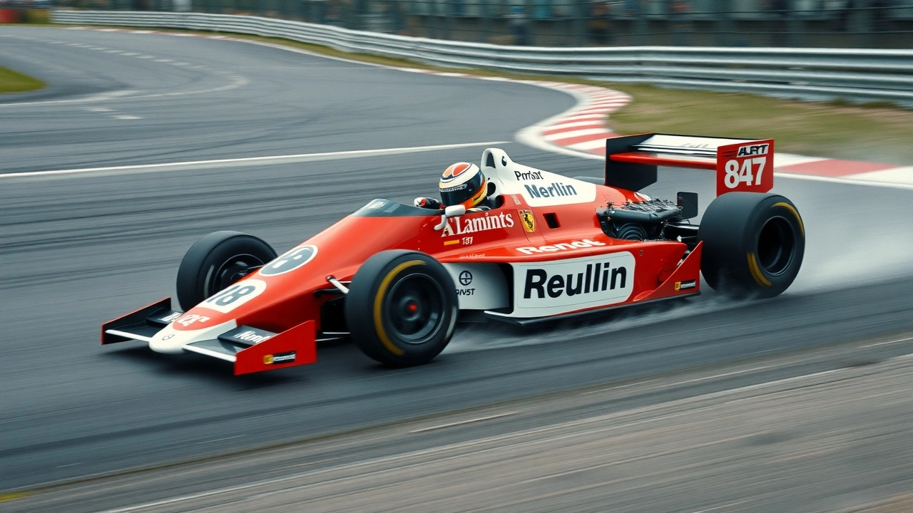 Alain Prost en pleine course de F1 sur la piste
