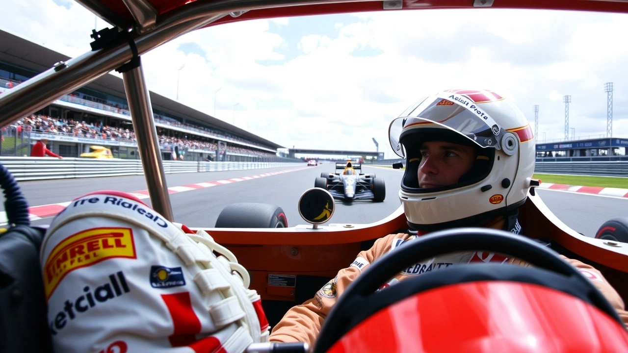 Alain Prost dans une voiture de Formule 1 sur un circuit