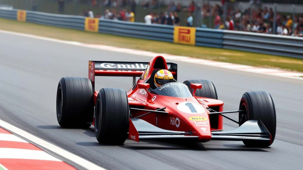 Alain Prost avec sa voiture de Formule 1 en course