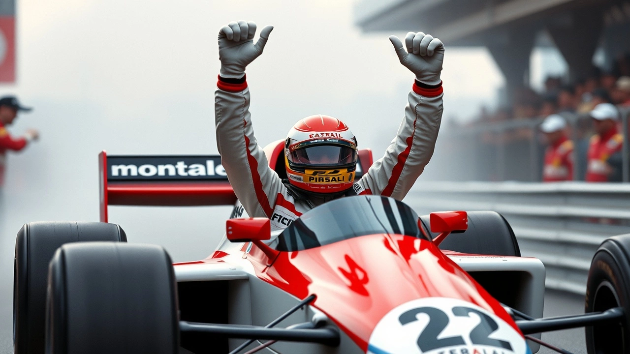 Alain Prost sur le podium avec une coupe de victoire