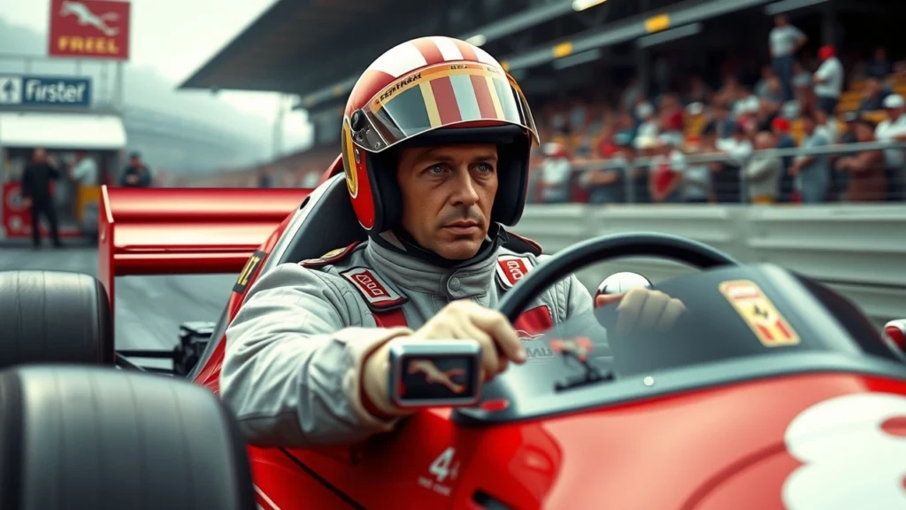 Une représentation photoréaliste d'Alain Prost en course de Formule 1, illustrant sa concentration et sa détermination.