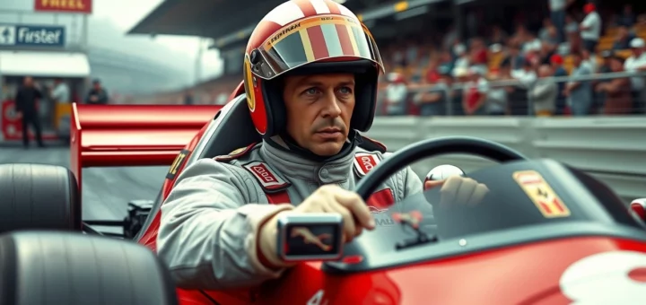 Une représentation photoréaliste d'Alain Prost en course de Formule 1, illustrant sa concentration et sa détermination.