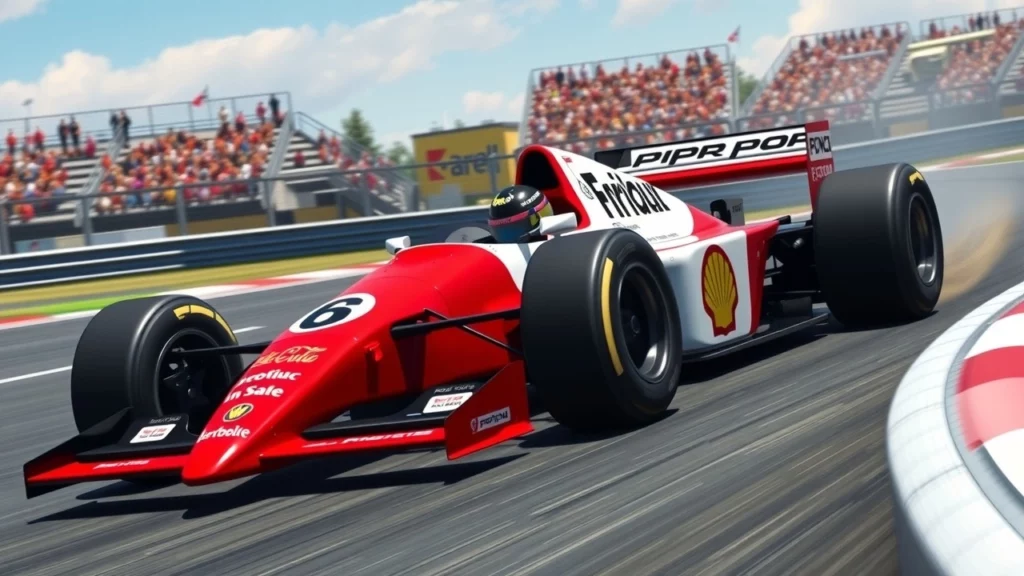 Une illustration photoréaliste d'une voiture de Formule 1 inspirée par Alain Prost, mettant en avant l'innovation et la performance.