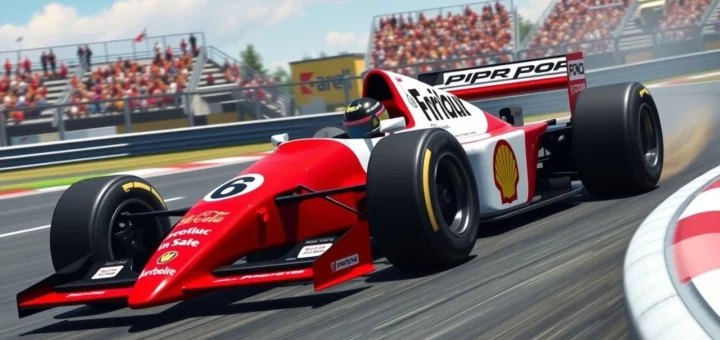 Une illustration photoréaliste d'une voiture de Formule 1 inspirée par Alain Prost, mettant en avant l'innovation et la performance.