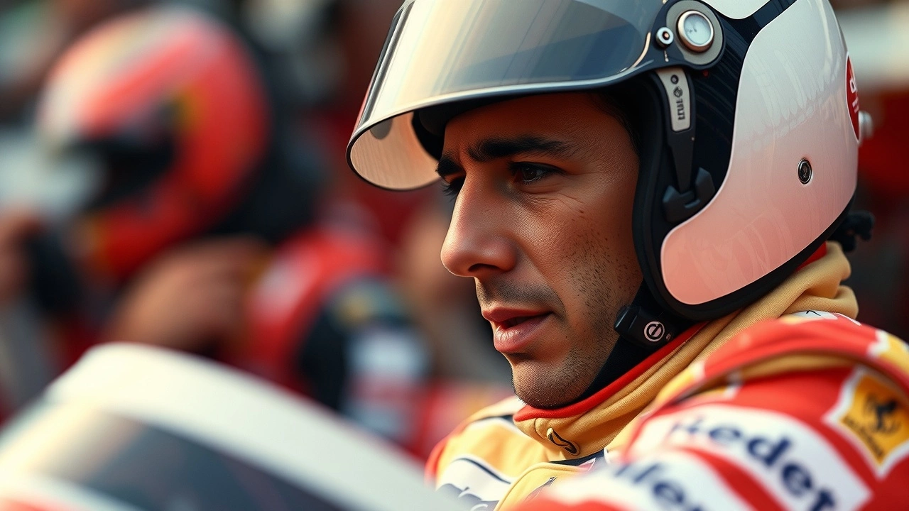 Ayrton Senna en pleine course avec une expression intense