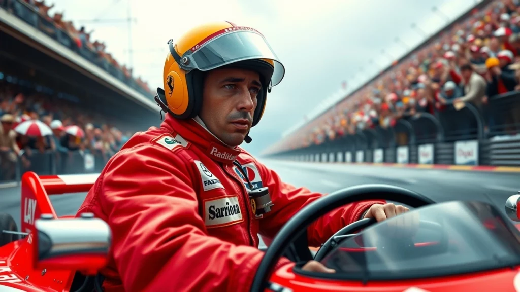 Une illustration photorealiste d'Ayrton Senna en pleine course, montrant sa passion et son dévouement en Formule 1.