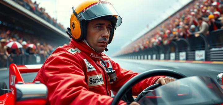 Une illustration photorealiste d'Ayrton Senna en pleine course, montrant sa passion et son dévouement en Formule 1.