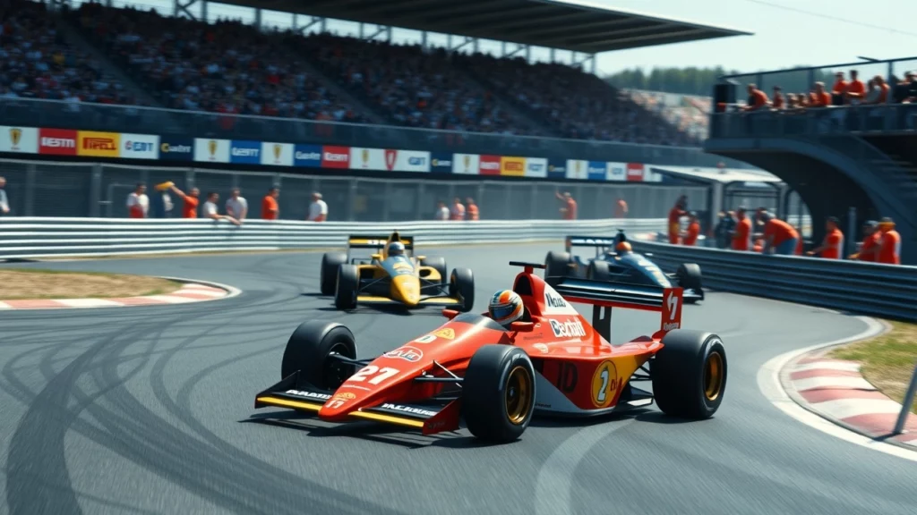 Une scène illustrant les rivalités emblématiques d'Alain Prost sur la piste de F1.