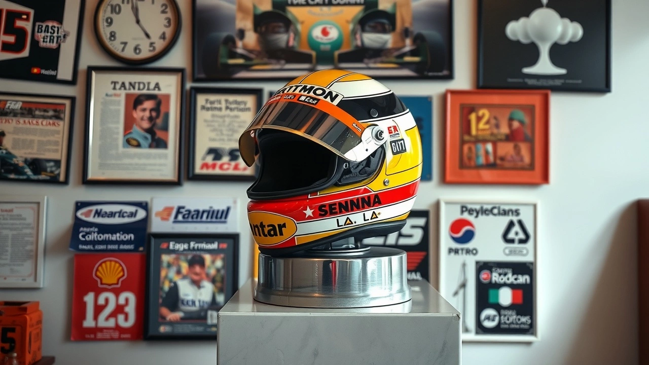 casque de course d'Ayrton Senna sur un socle