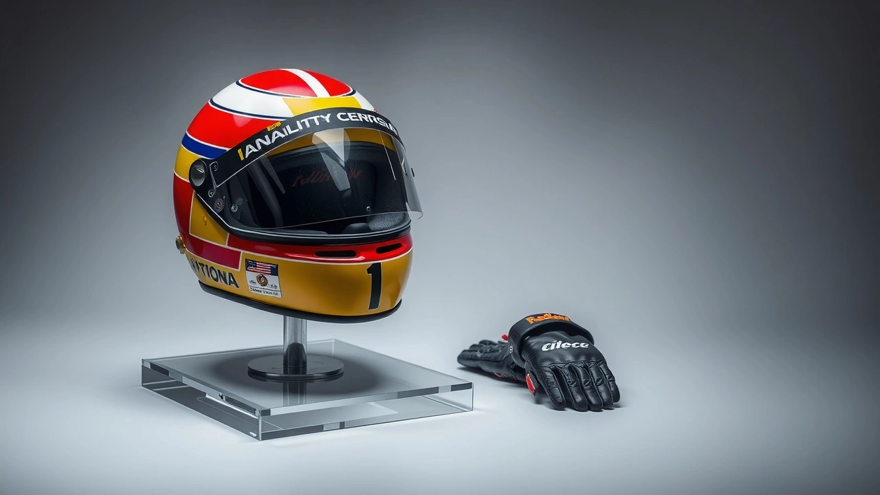 casque de course et gants d'Ayrton Senna sur un présentoir