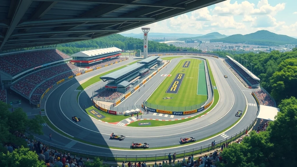 Une illustration photoréaliste du circuit de Suzuka, montrant son évolution et son importance dans l'histoire de la Formule 1.