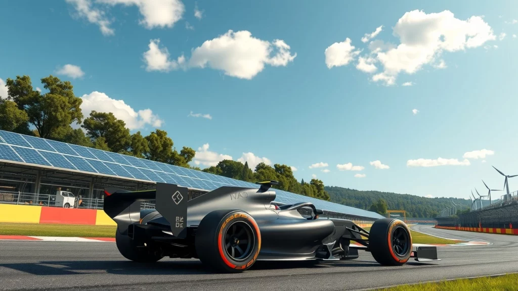 Une illustration photoréaliste d'une voiture de Formule 1 sur une piste, entourée de paysages verts et de panneaux solaires.