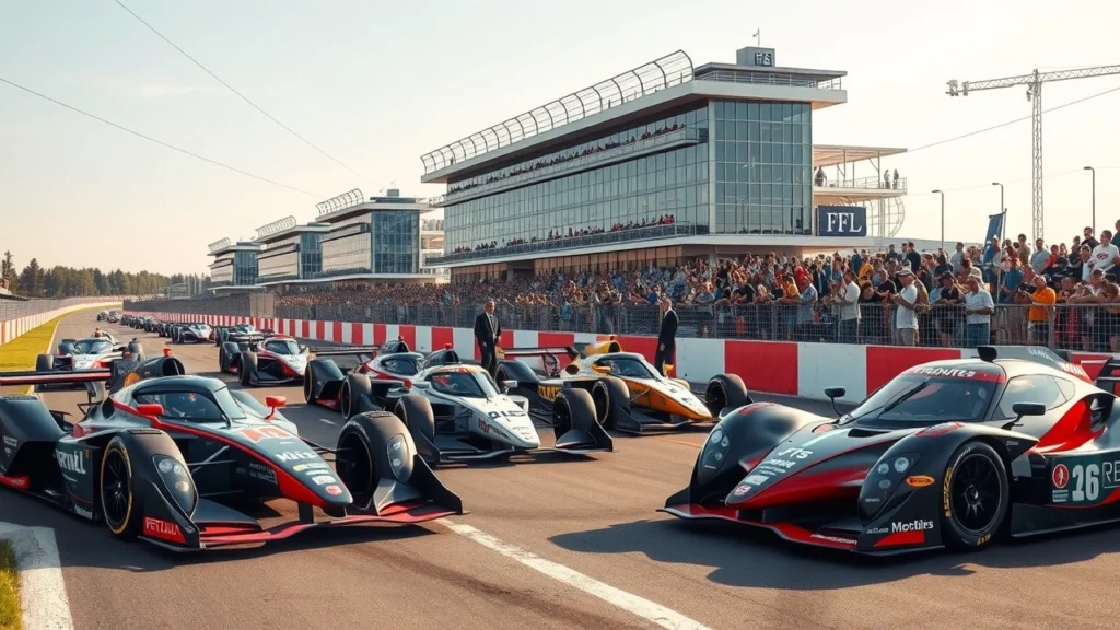 Une illustration des enjeux économiques des sports automobiles, montrant des voitures de course et des investisseurs en discussion.