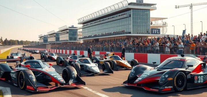 Une illustration des enjeux économiques des sports automobiles, montrant des voitures de course et des investisseurs en discussion.