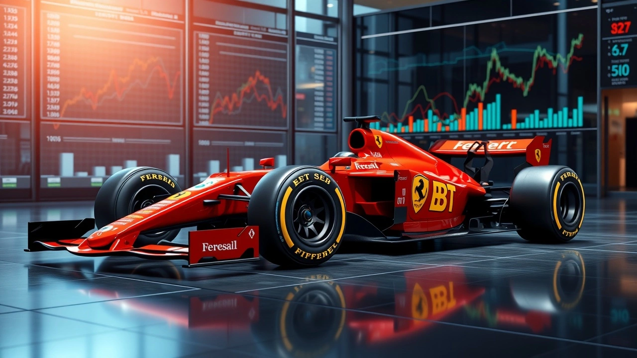 ferrari f1 car in an office with financial charts