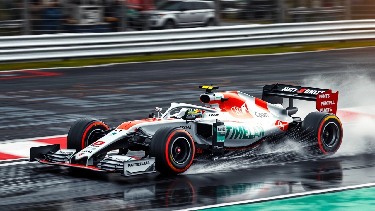 Voiture de Formule 1 sur une piste humide en course