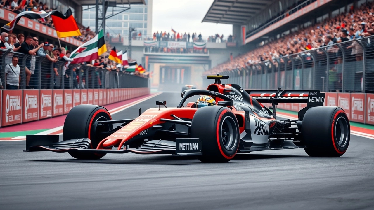 voiture de formule 1 moderne sur circuit avec spectateurs
