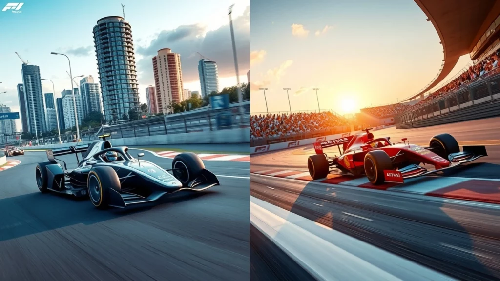 Une illustration photoréaliste de la Formule E et de la Formule 1, montrant leurs différences de design et d'environnement de course.
