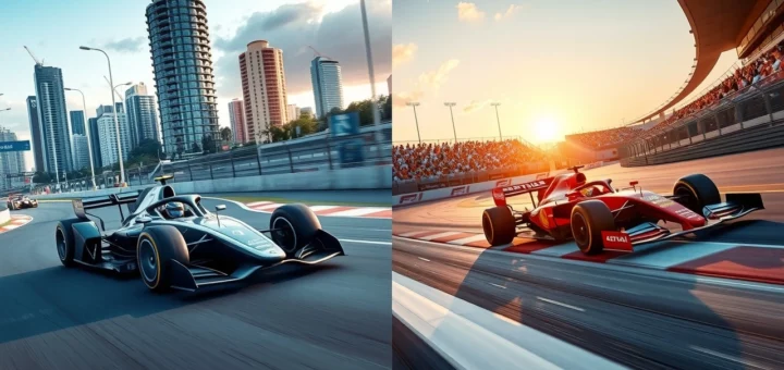 Une illustration photoréaliste de la Formule E et de la Formule 1, montrant leurs différences de design et d'environnement de course.