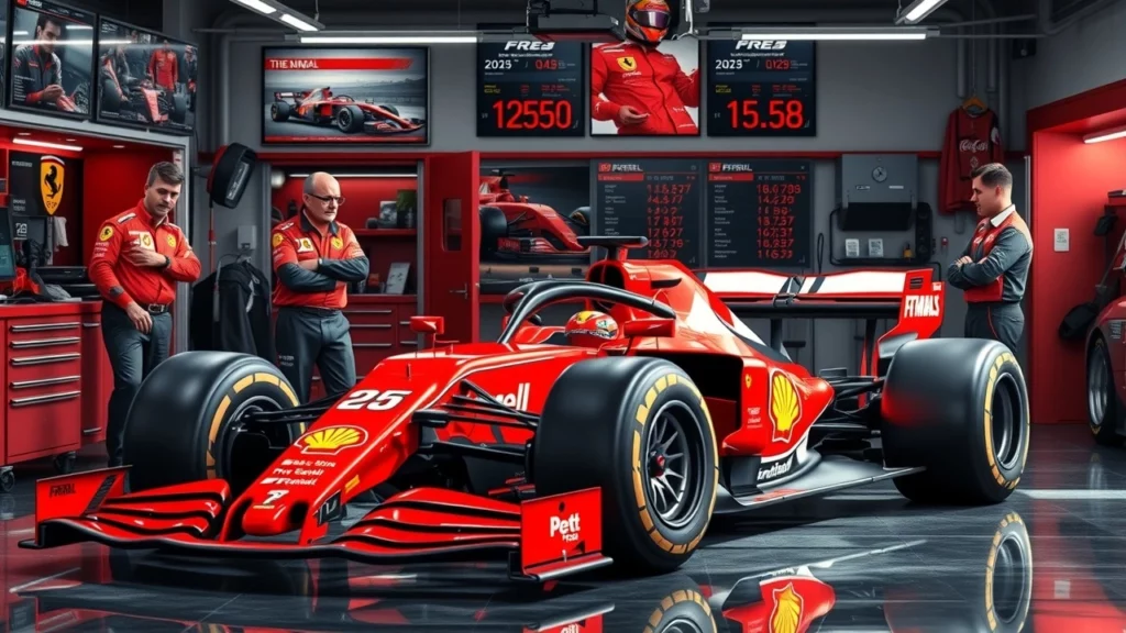 Une image montrant une voiture de Formule 1 Ferrari dans un garage, avec des ingénieurs discutant de la saison 2026.