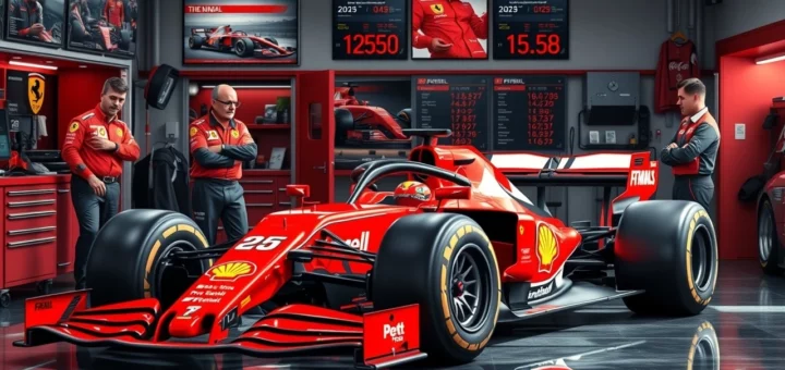 Une image montrant une voiture de Formule 1 Ferrari dans un garage, avec des ingénieurs discutant de la saison 2026.