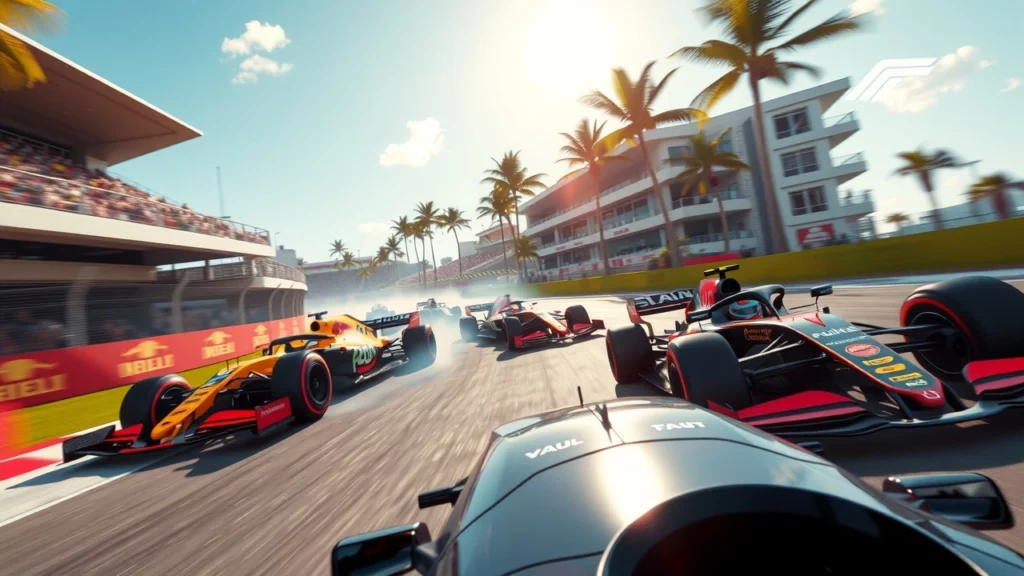 Max Verstappen et Lando Norris en course contre Oscar Piastri au Grand Prix de Miami 2025.