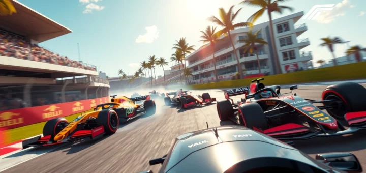 Max Verstappen et Lando Norris en course contre Oscar Piastri au Grand Prix de Miami 2025.