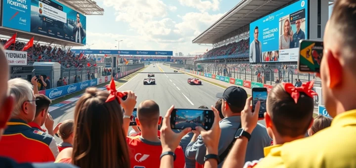 Une scène illustrant l'influence des médias sociaux sur la popularité des sports automobiles modernes.