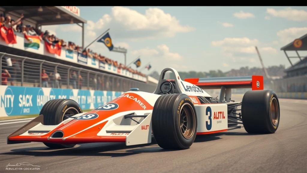 Une illustration de la voiture de Formule 1 d'Alain Prost montrant ses innovations techniques au racetrack.