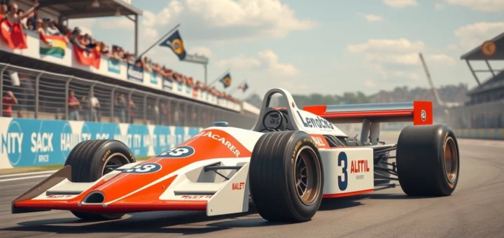 Une illustration de la voiture de Formule 1 d'Alain Prost montrant ses innovations techniques au racetrack.