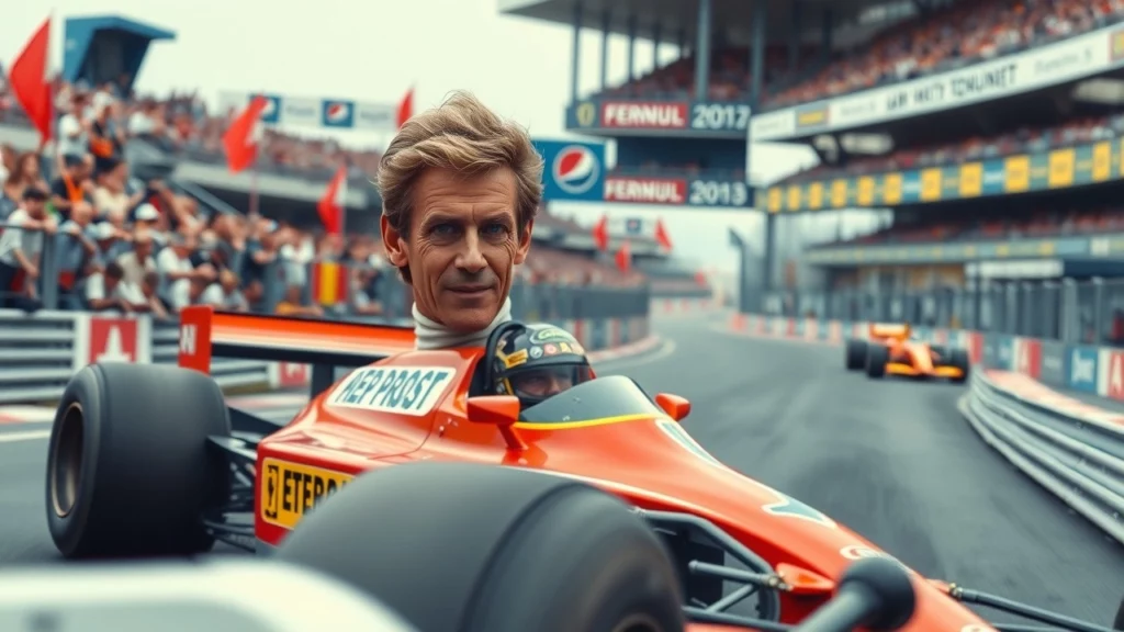 Une illustration d'Alain Prost en pleine course de Formule 1, capturant l'essence de sa légende.