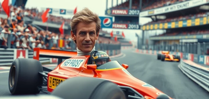 Une illustration d'Alain Prost en pleine course de Formule 1, capturant l'essence de sa légende.