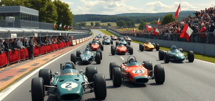 Une image illustrant le Grand Prix de France historique avec des légendes de la F1.