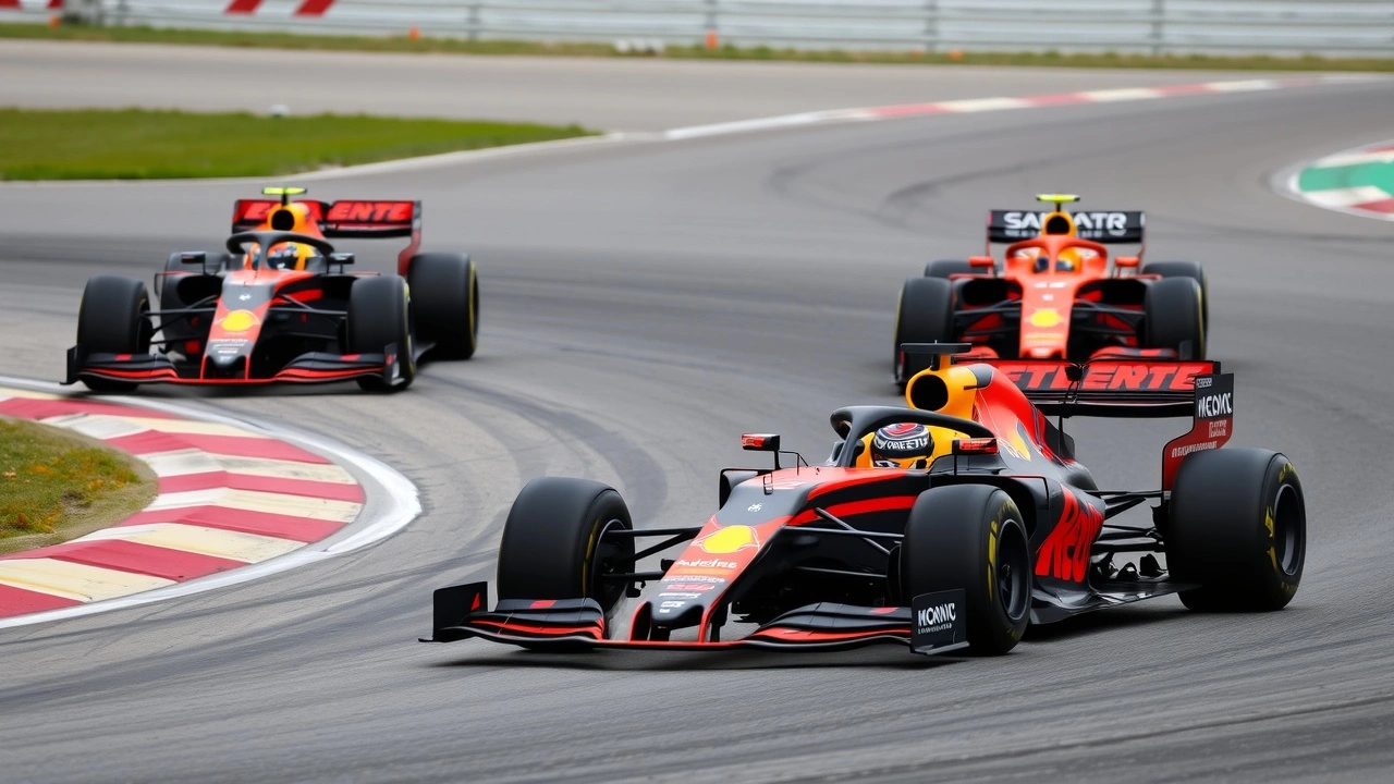 Max Verstappen et Lando Norris en course contre Oscar Piastri