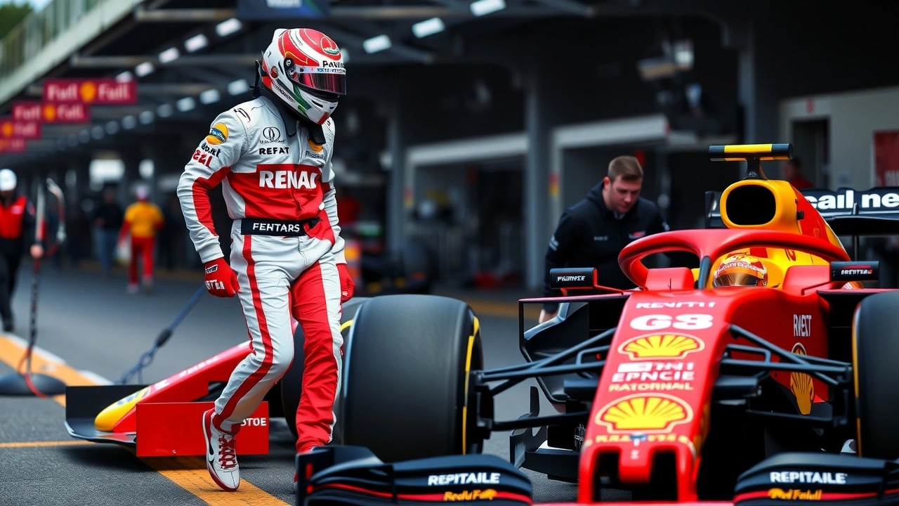 Pilote de F1 avec sa voiture dans les stands