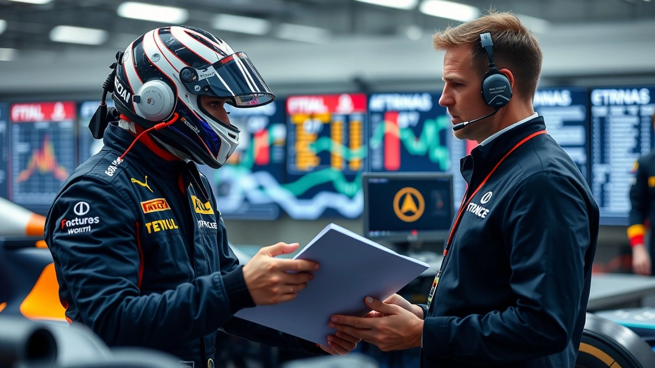 un pilote de F1 avec un ingénieur analysant des données
