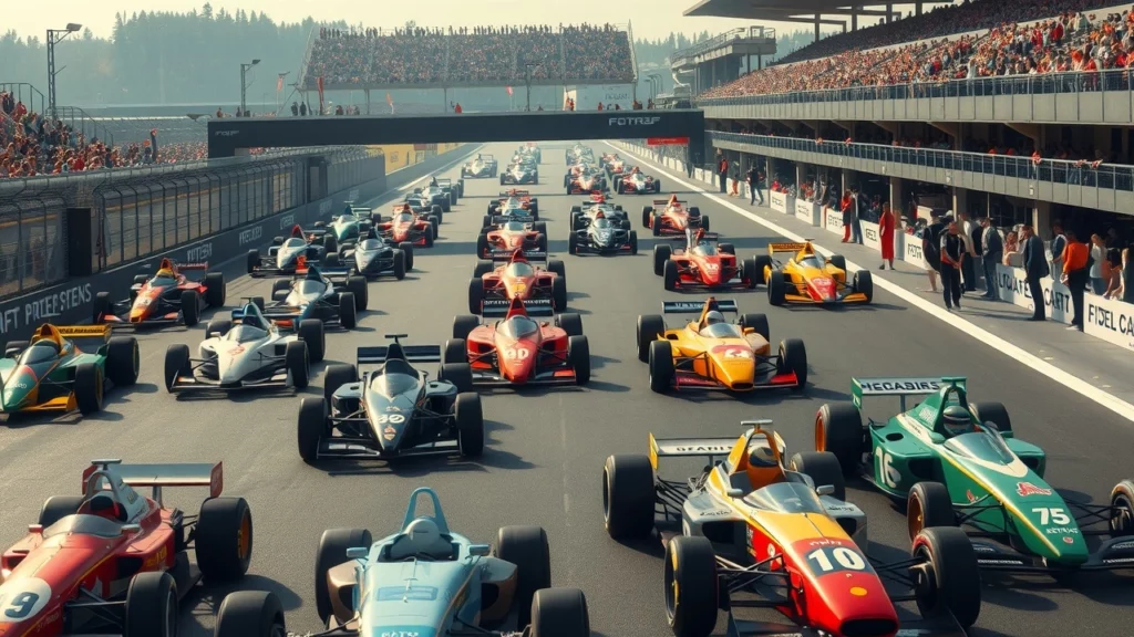 Une scène illustrant des pilotes et écuries de F1 se réinventant au fil du temps.