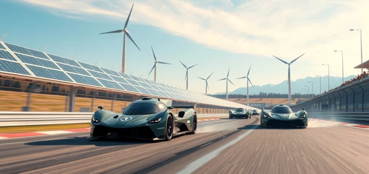 Scène futuriste des sports automobiles avec des voitures électriques et des énergies renouvelables.