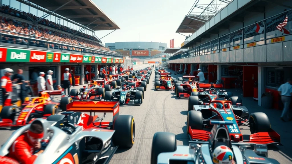 Une scène dynamique dans un stand de Formule 1, montrant l'influence des sponsors.