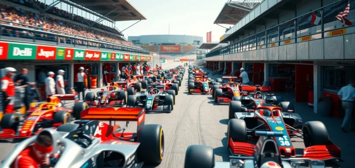 Une scène dynamique dans un stand de Formule 1, montrant l'influence des sponsors.