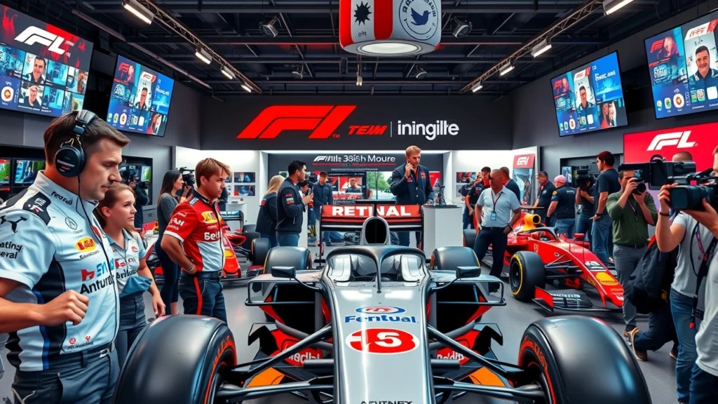 Une scène représentant une équipe de Formule 1 lors d'un événement de promotion sur les réseaux sociaux.