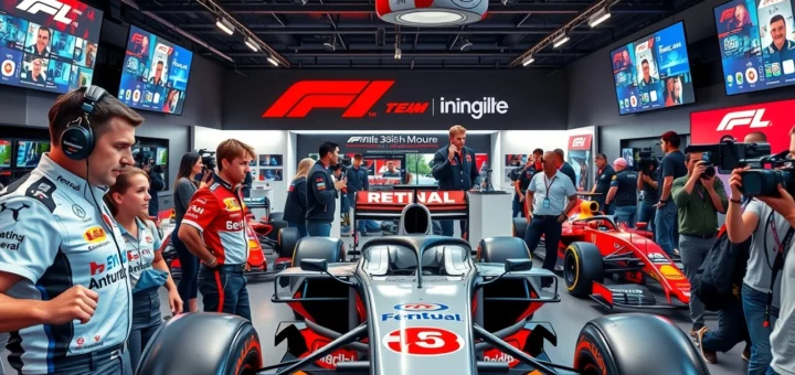 Une scène représentant une équipe de Formule 1 lors d'un événement de promotion sur les réseaux sociaux.