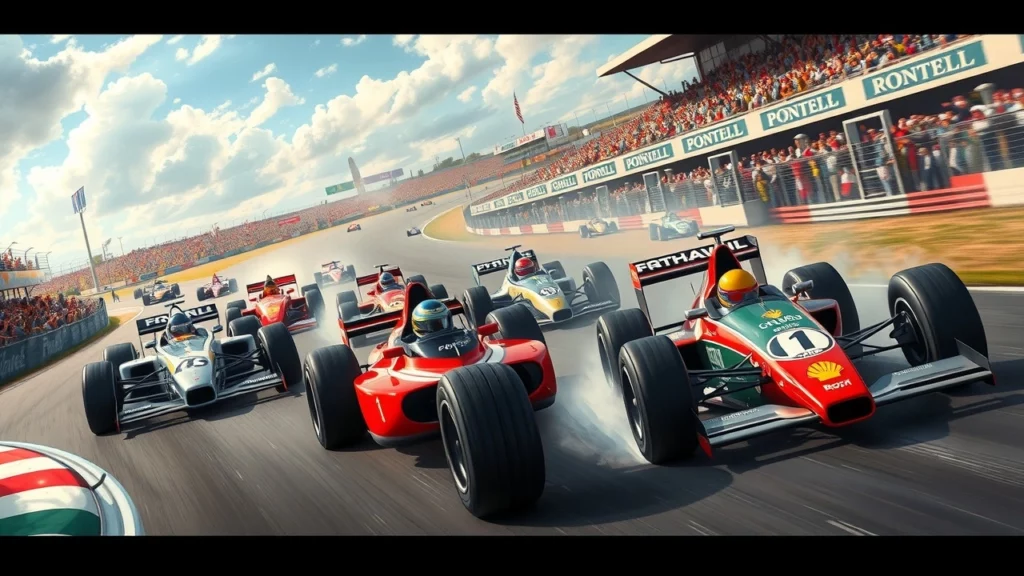 Une scène de course de Formule 1 illustrant des moments de gloire et d'échec à travers le temps.