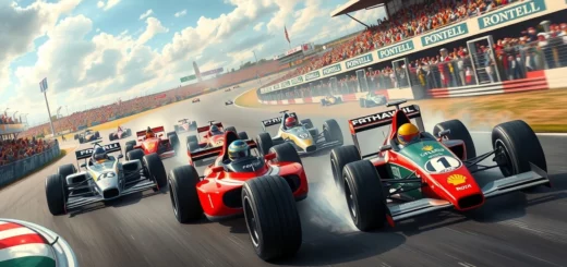 Une scène de course de Formule 1 illustrant des moments de gloire et d'échec à travers le temps.