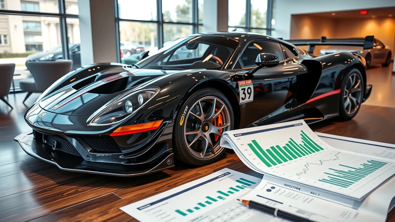 voiture de course dans un showroom moderne avec documents financiers