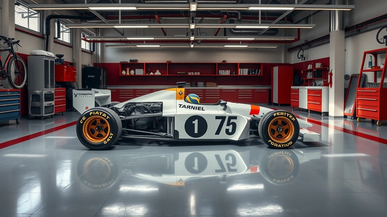 voiture de formule 1 classique dans un garage moderne