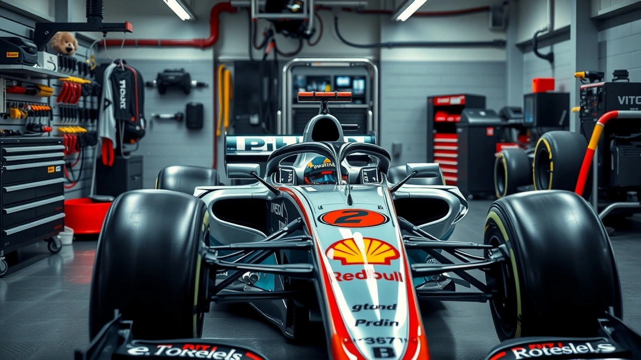 voiture de Formule 1 dans un garage d'equipe