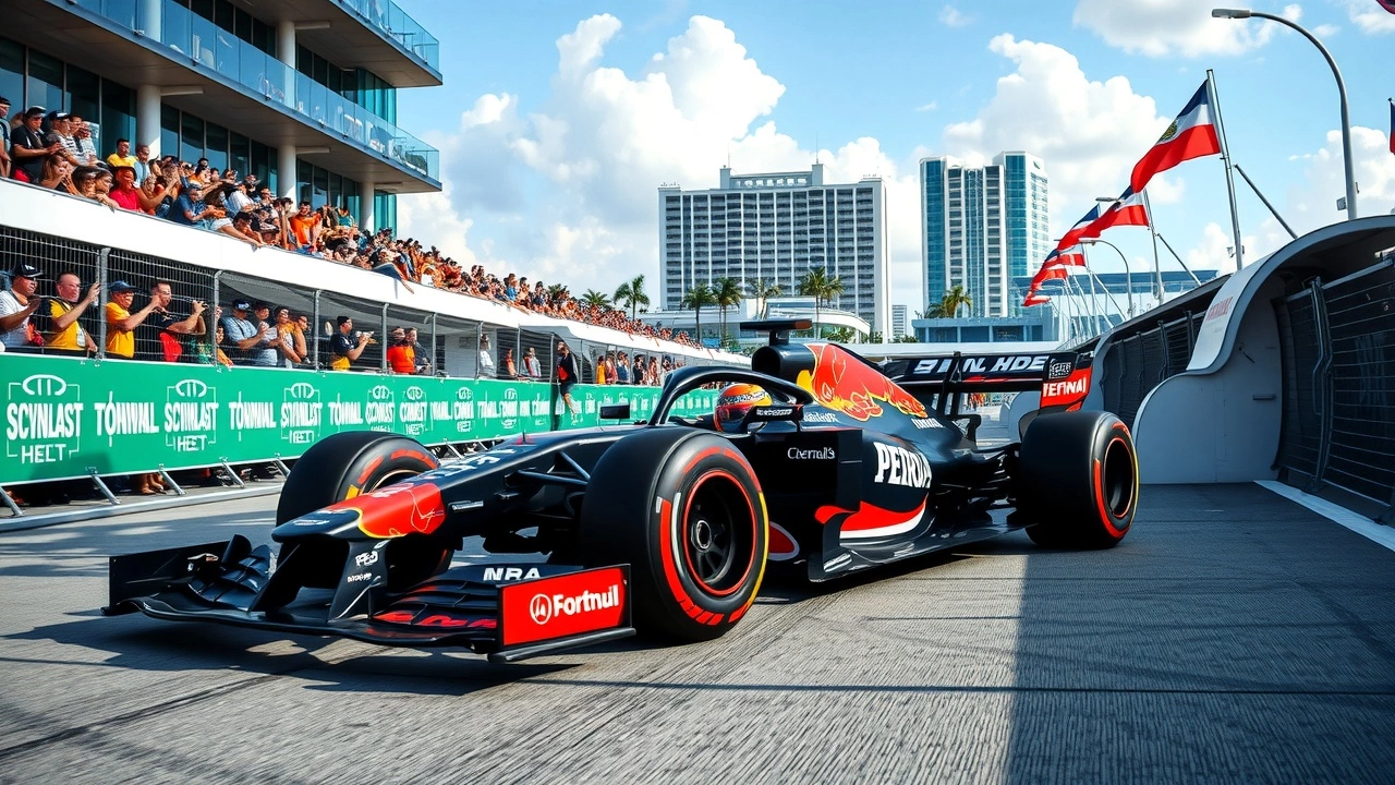 voiture de formule 1 franchissant la ligne d arrivee à Miami