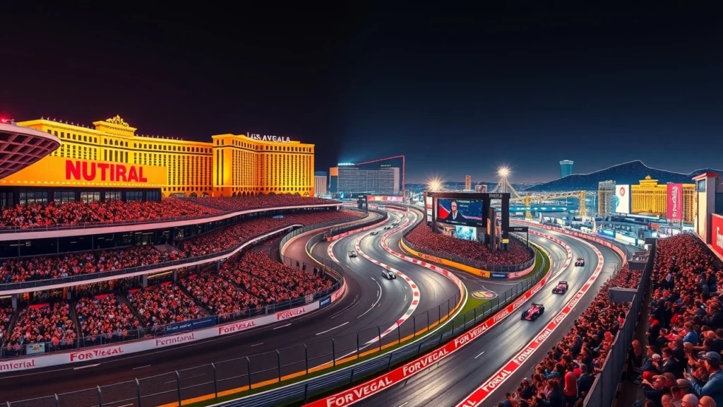 Une illustration photoréaliste du circuit de Formule 1 de Las Vegas, mettant en avant les défis techniques et stratégiques.