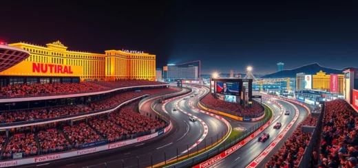 Une illustration photoréaliste du circuit de Formule 1 de Las Vegas, mettant en avant les défis techniques et stratégiques.